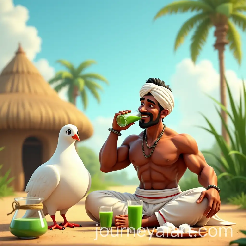 Muscular-Indian-Farmer-Enjoying-Sugarcane-Juice-with-Cartoon-Pigeon-in-Village-Setting