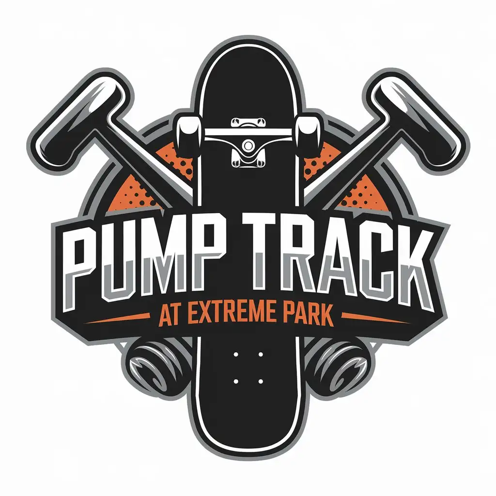 a vector logo design,with the text "Pump track at Extreme park", main symbol:Skateboard,complex,clear background