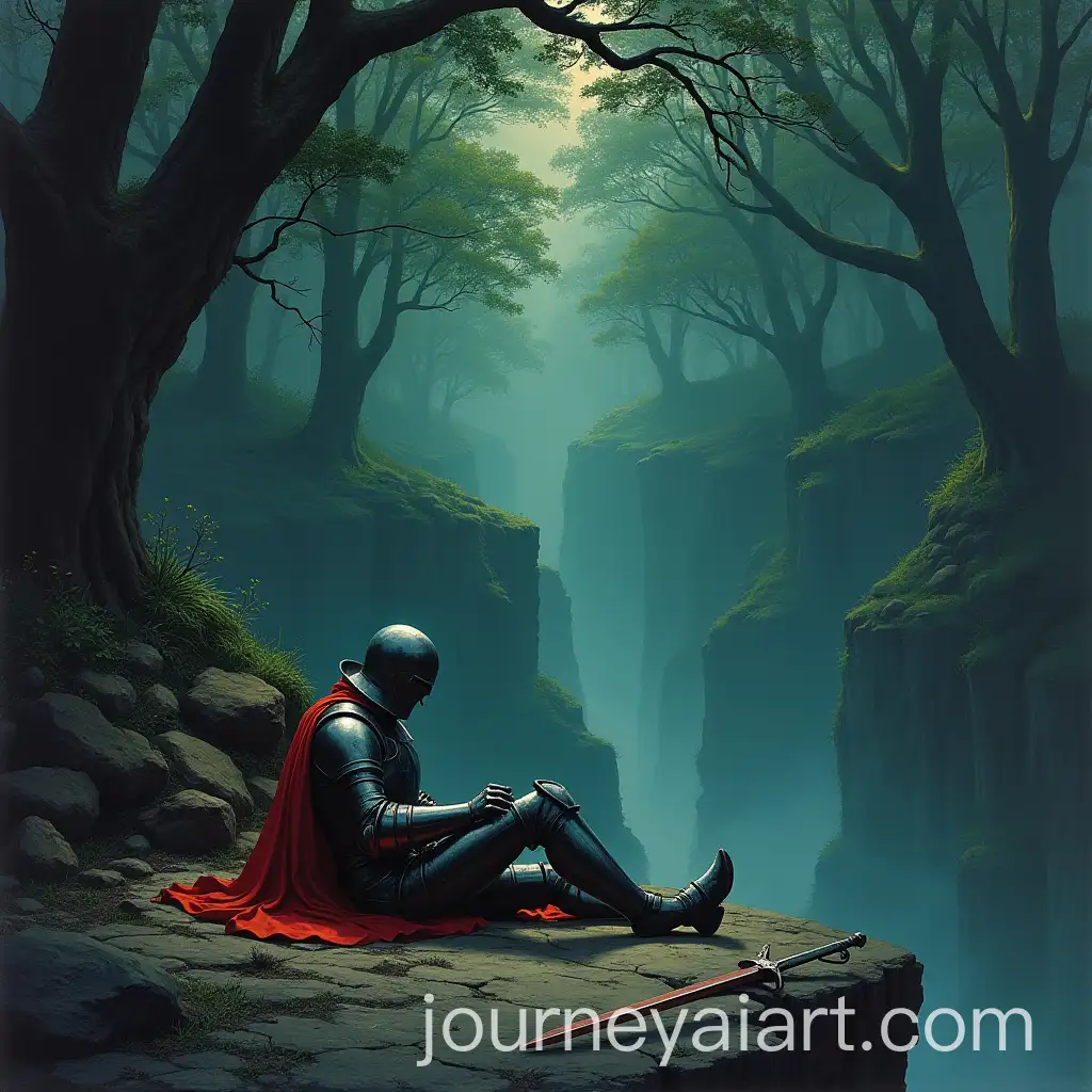 Lone-Knight-in-Steel-Armor-Resting-on-Cliff-in-Mysterious-Forest-Dark-Fantasy-Book-Cover