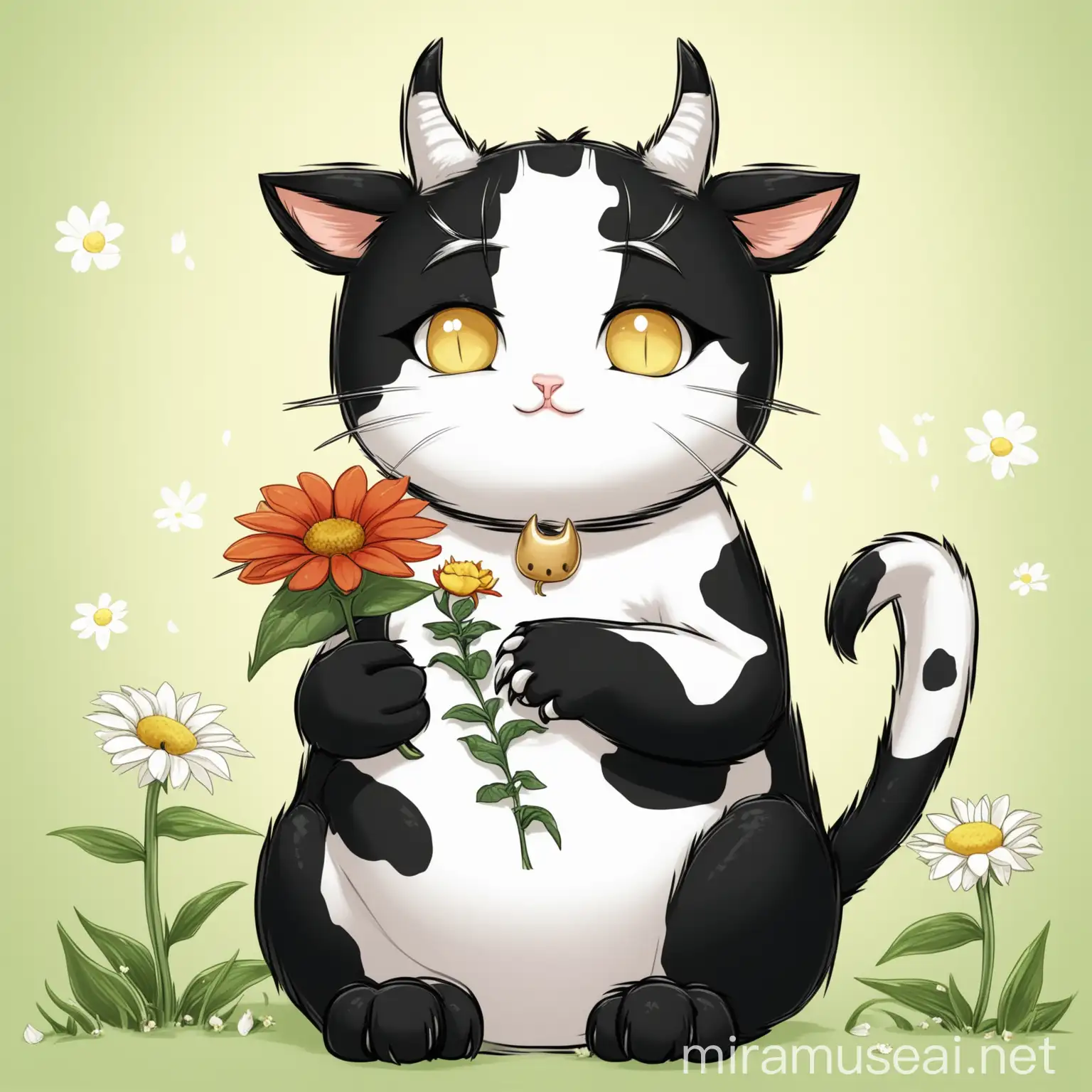 Cat Holding Flower with Black and White Fur