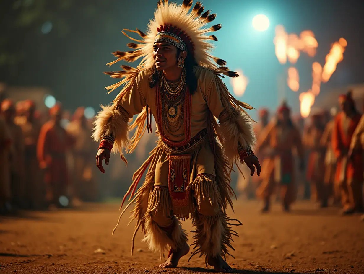 cinematic low angle full body photo taken by a Hasselblad cm 500 camera with a Zeiss lens of a native American male pow-wow dancer in full costume dancing energetically