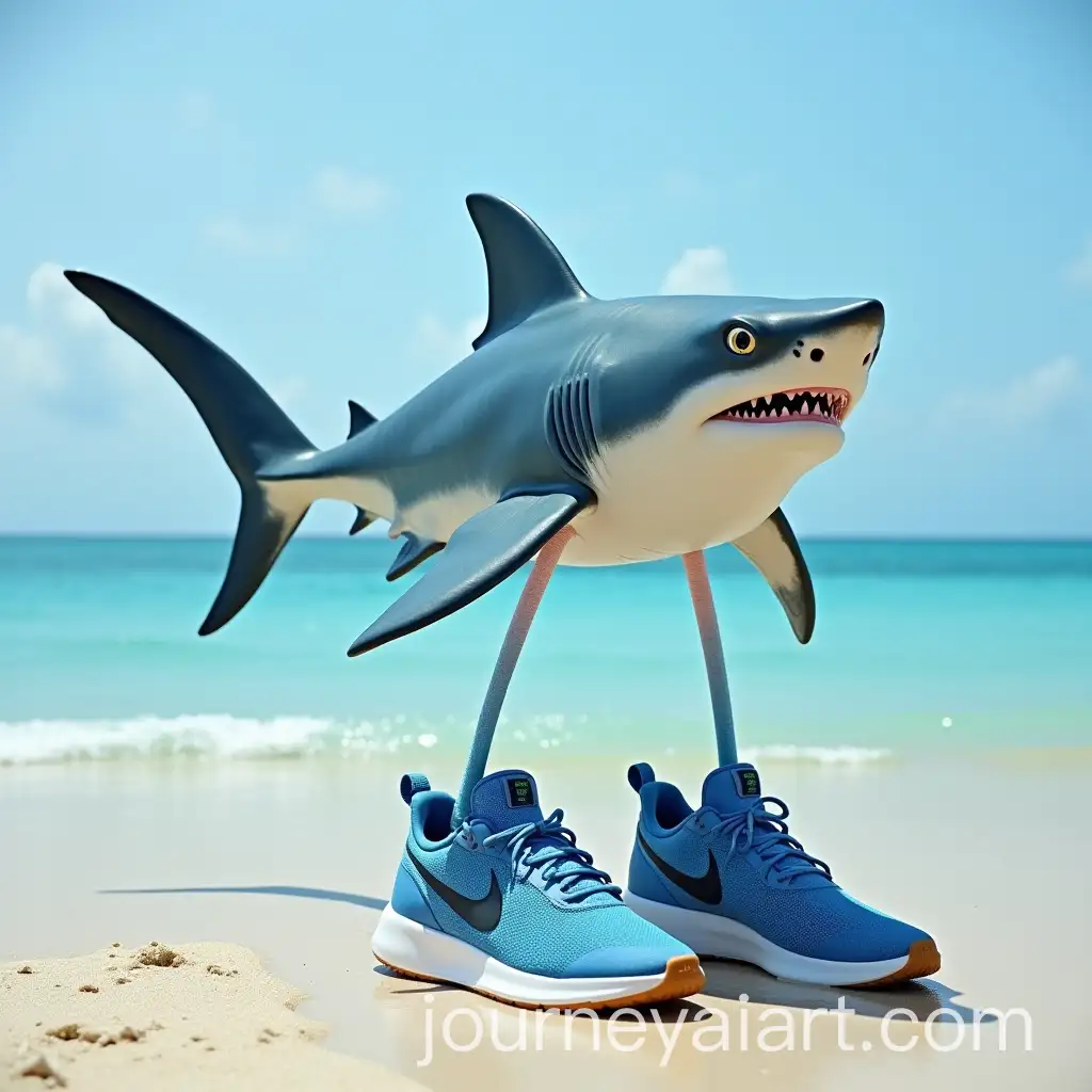 Shark-with-Three-Legs-Wearing-Blue-Nike-Shoes-on-a-Beach