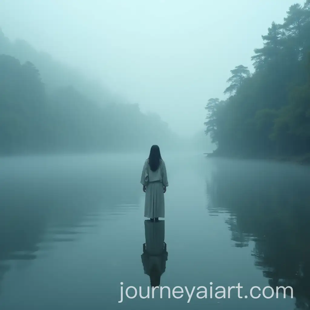 Lone-Woman-Standing-in-Misty-Ancient-Japanese-Lake-with-Reflections