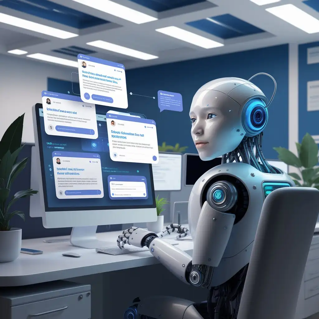 AI Boosts Efficiency. A digital setting where an AI chatbot is managing multiple customer inquiries simultaneously. In corporate blue and white tones, with a clean, modern design.