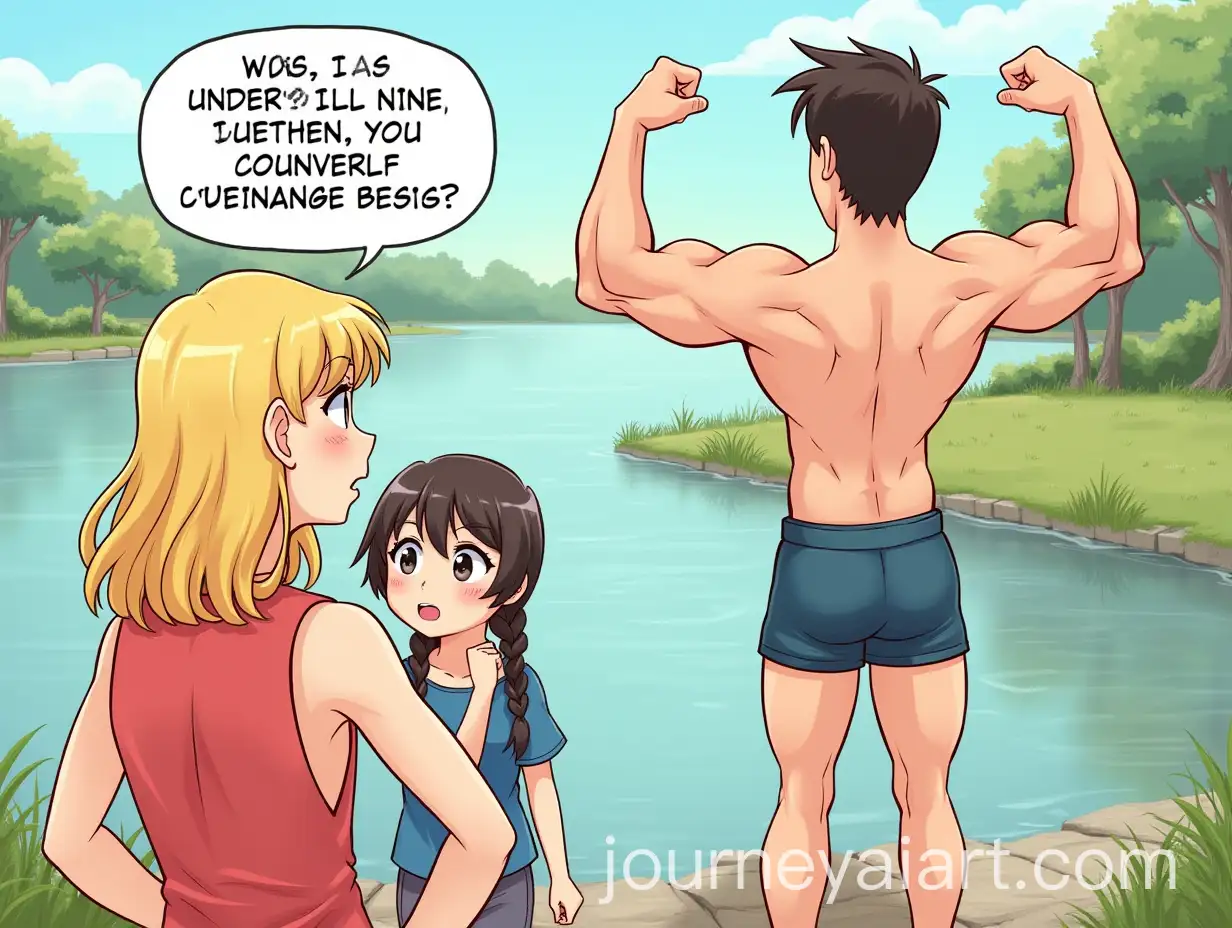 Two-Girls-Reacting-to-a-Muscular-Guy-Flexing-by-a-Peaceful-Riverbank