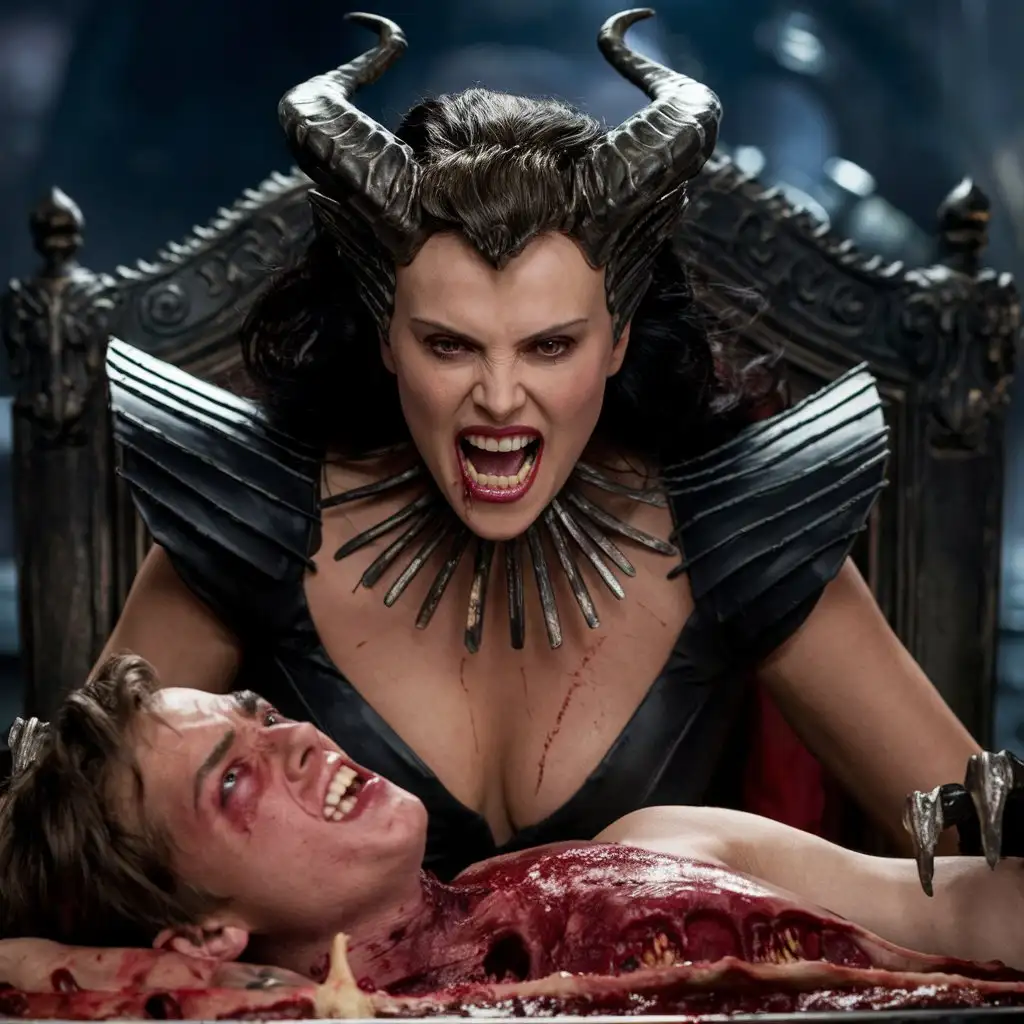  Evil Angry Very beautiful  smiling  witch Charlize Theron with sharp horns, a very huge mouth with the sharpest teeth and deep neckline sit at a high table,  indulging in a grisly feast of a young man. Very aggressive look, cinematic, photo , 4k