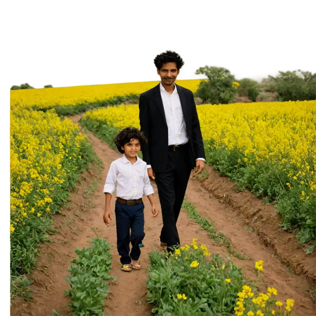 Vintage-PNG-Image-of-Rajasthani-Farmer-with-Son-in-Mustard-Flower-Field-Capturing-Joyful-Rural-Life