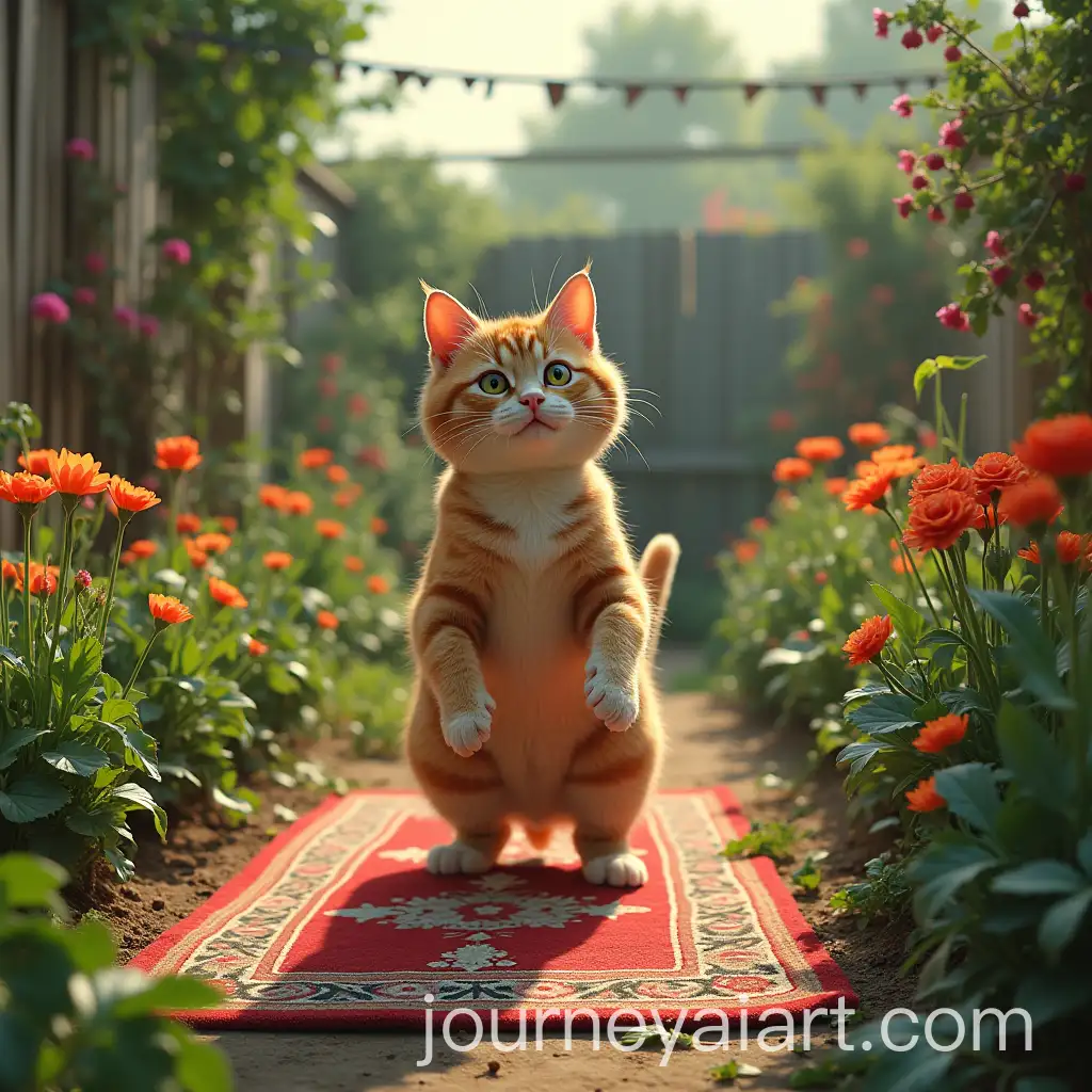 Cat-Riding-Rug-Enters-Vegetable-Garden-with-Flower-Bed-of-Knives
