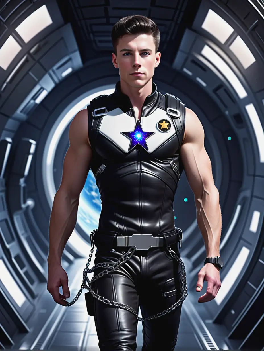 Muscular young white man, dark hair, tight fitting black leather space cadet uniform,  star logo on chest, large groin bulge accentuated with with straps, zips and chains, walks across space-port towards futuristic space craft,