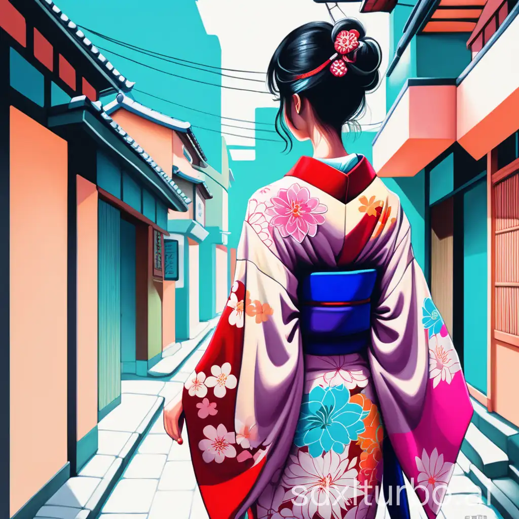 Lady in a kimono with pop colors from behind, street illustration