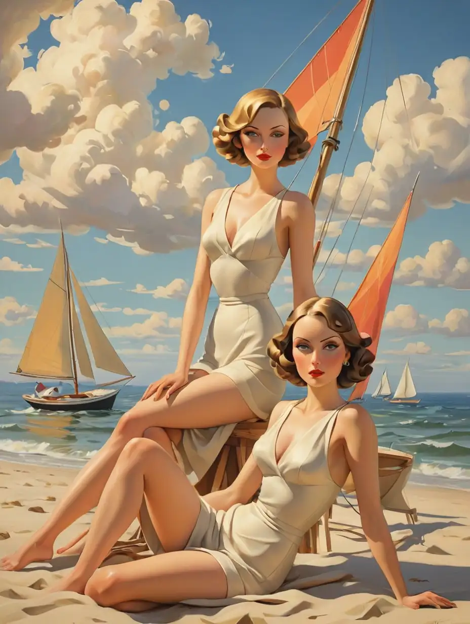 Create a painting of two women on a beach with sailboats in the background in the style of Tamara de Lempicka. The women should have elegant, stylized features and wear chic, period-appropriate bathing suits. They are lounging gracefully on the sandy beach, with one perhaps reclining and the other sitting up, both exuding an air of sophistication. The background features sleek, streamlined sailboats on a vibrant, sunlit sea, with bold, geometric clouds in the sky. The color palette should include rich, vivid tones with strong contrasts, capturing the glamorous essence of the 1920s and 1930s