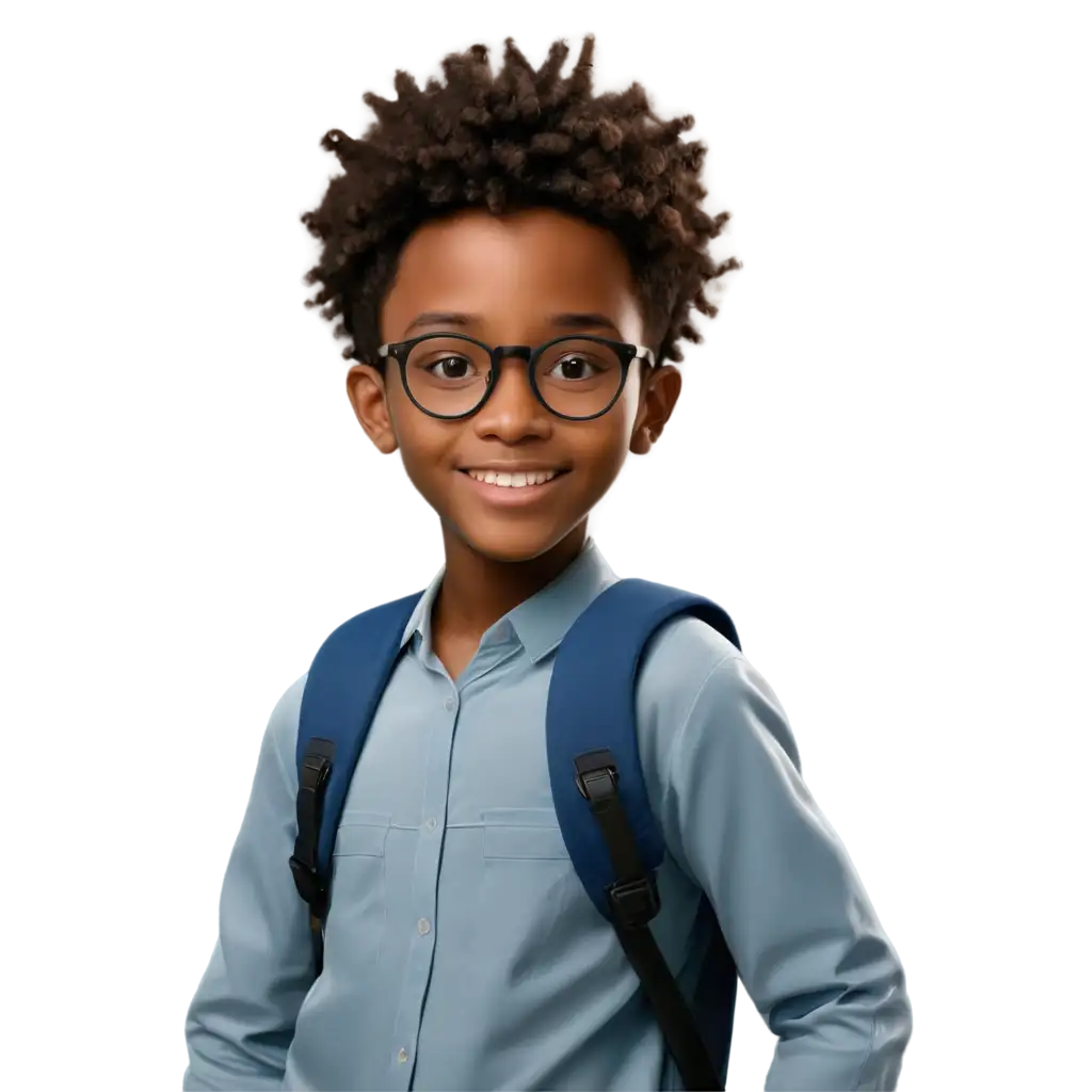 Real-Black-Boy-with-Round-Glasses-and-Blue-School-Backpack-PNG-Image