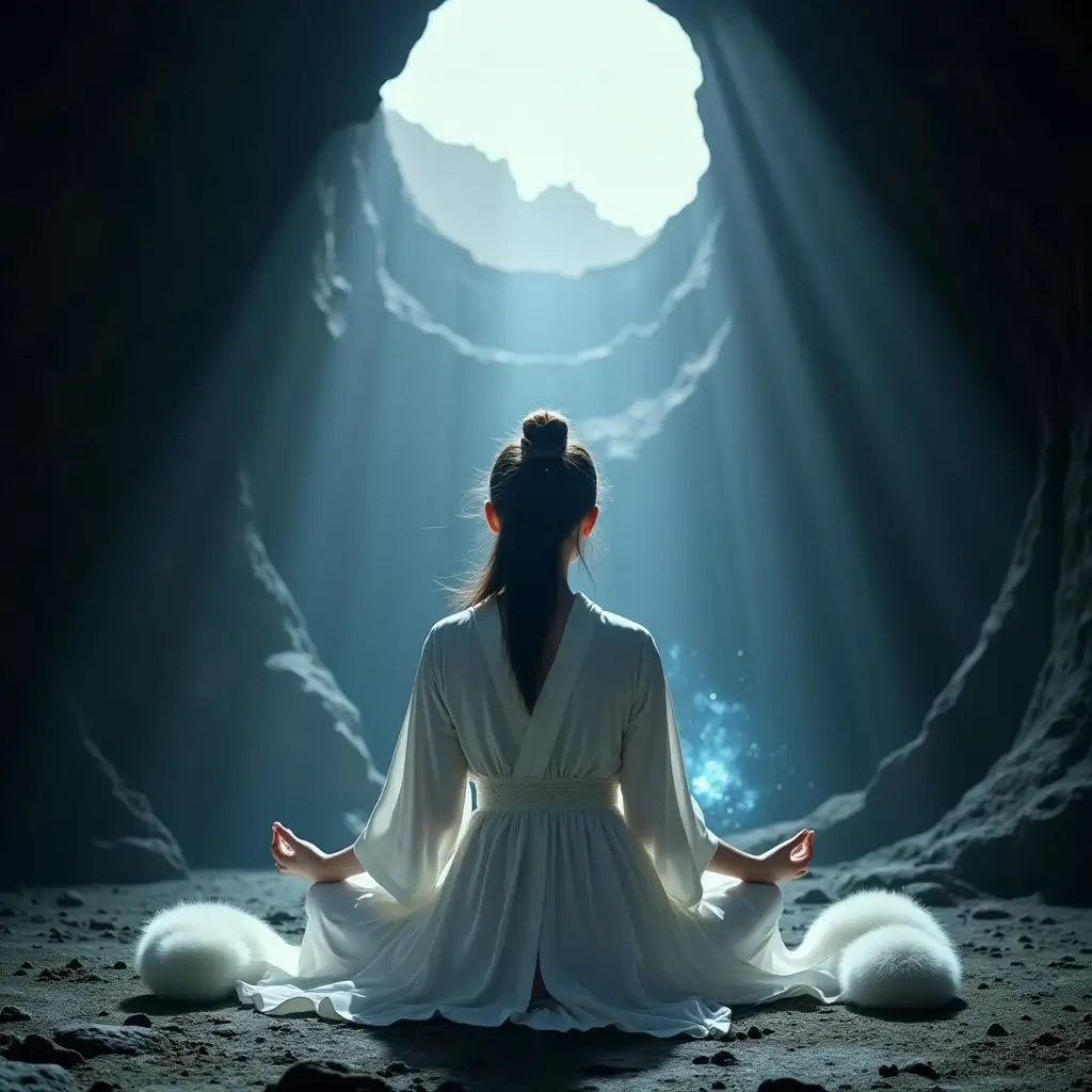 A young female clad in a white ancient Chinese robe is meditating in a large dark cave, with white light pouring down from the hole in the ceiling. Five fox tails are revealed under her dress. A weak halo of bluish power emanates from her body.