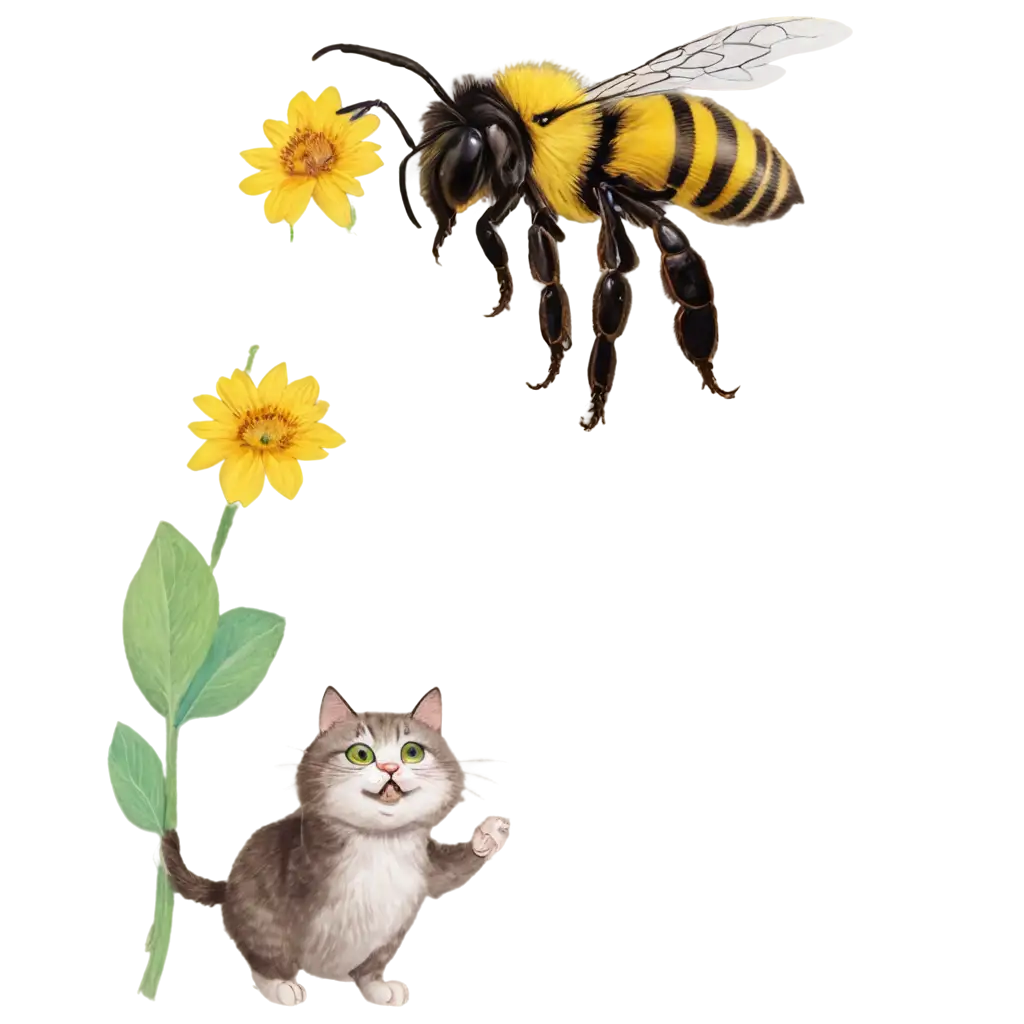 PNG-Drawing-for-Children-Aged-3-Bee-Pollinating-Flowers-with-Cat-Watching