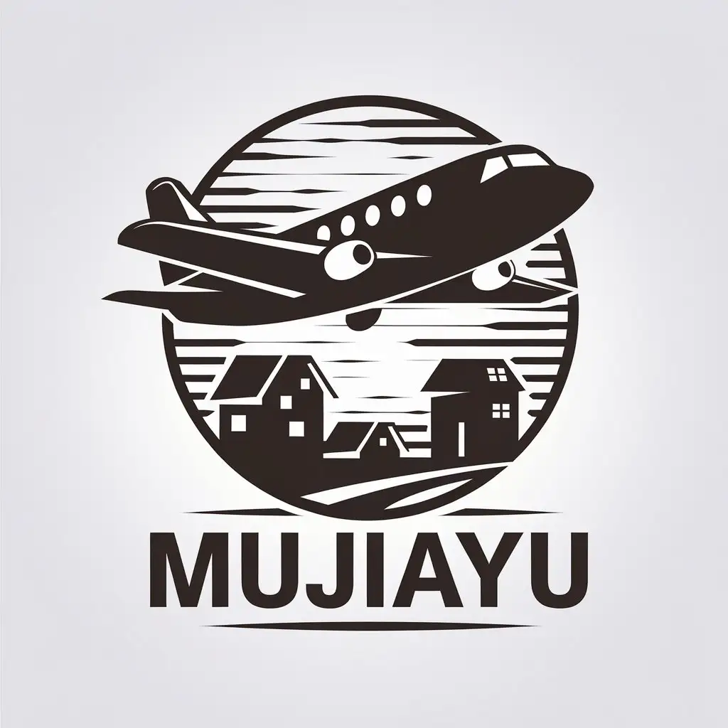 a vector logo design,with the text "Mujiayu", main symbol:airplane small town,Moderate,clear background