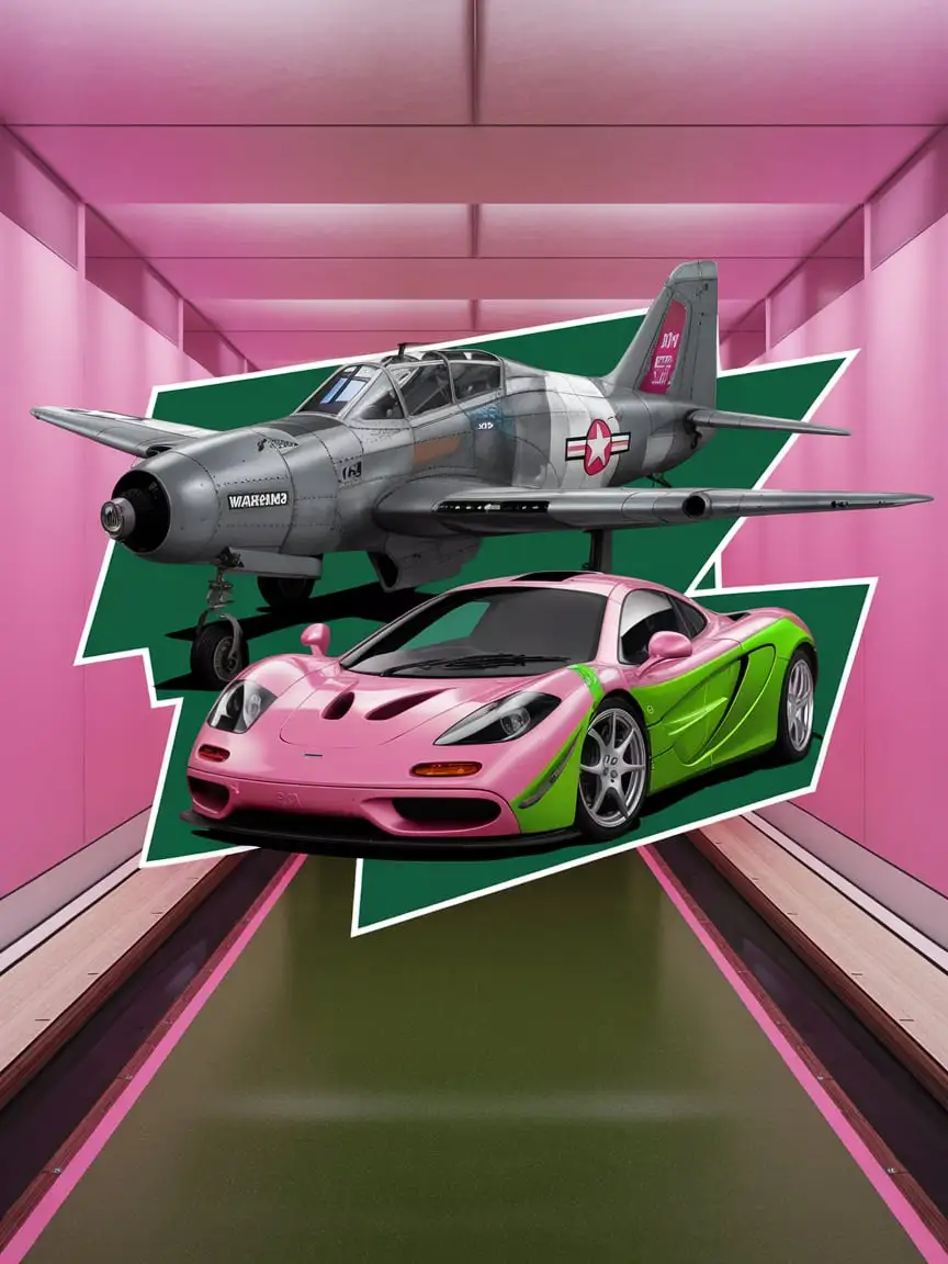 HighQuality Graphic Design of a Warthog PlaneMcLaren F1 Longtail Hybrid in a Bowling Alley Theme