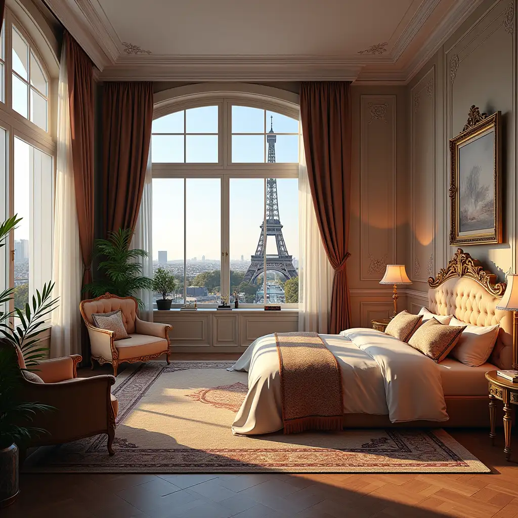 Create a detailed prompt for generating a storyboard of luxury apartments in Paris, with a resolution of 1440x1280 and in 4K photorealism. The design should reflect an American style infused with 19th-century luxurious elements, featuring panoramic windows that provide stunning views of the Eiffel Tower. From a first-person perspective, on the left, illustrate an elegant living room adorned with opulent furnishings and classic decor, while on the right, depict a sophisticated bedroom with rich textiles and ambient lighting. Ensure there is a noticeable distance between the two areas, enhancing the immersive experience typical of a 3D video game environment.