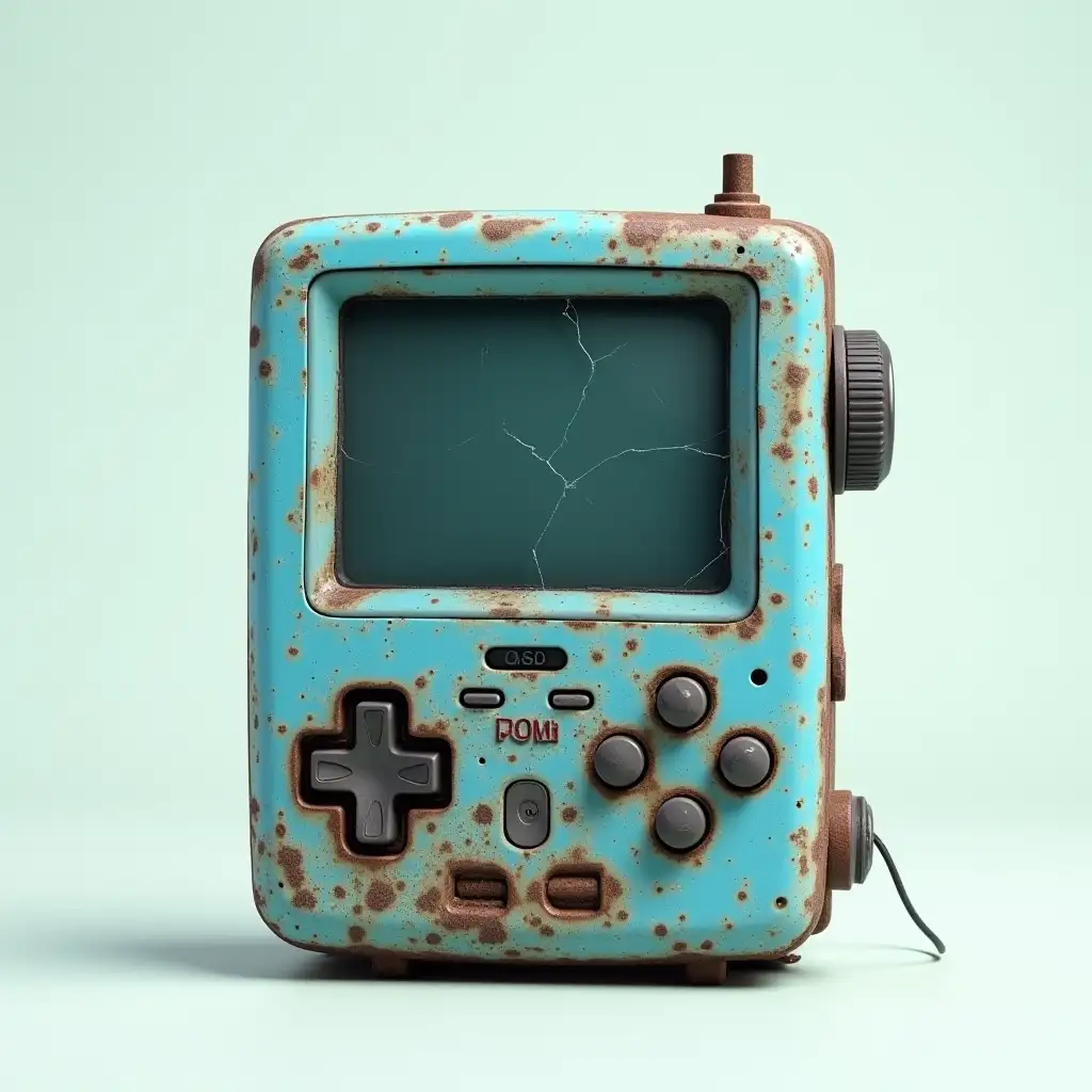 Create an image of a vintage blue gadget that shows signs of wear and tear. The gadget should have a cracked screen, rusted edges, and scattered internal components visible through an open casing. The background should be a soft, neutral color to emphasize the gadget's distressed features.