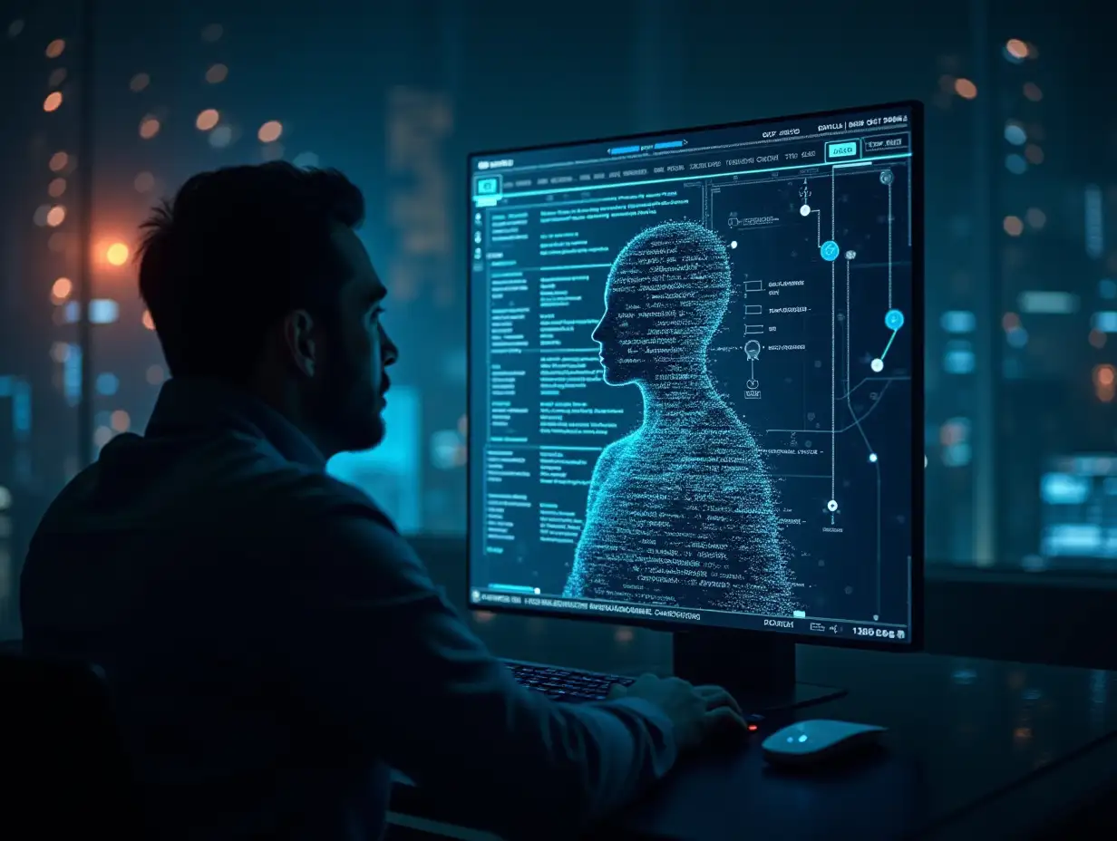 A cyber-defense scene where a tech expert, sitting in front of a glowing screen filled with code, uncovers the hidden identity of a deceptive attacker. The attacker, a shadowy figure composed of fragmented digital lines and masked by a veil of code, tries to deceive the system. A protective barrier of light and encryption algorithms forms between the expert and the attacker, symbolizing the AI's self-defense mechanisms. The atmosphere is tense, with digital shields and security symbols illuminating the environment as the expert confidently cracks the attacker's disguise.