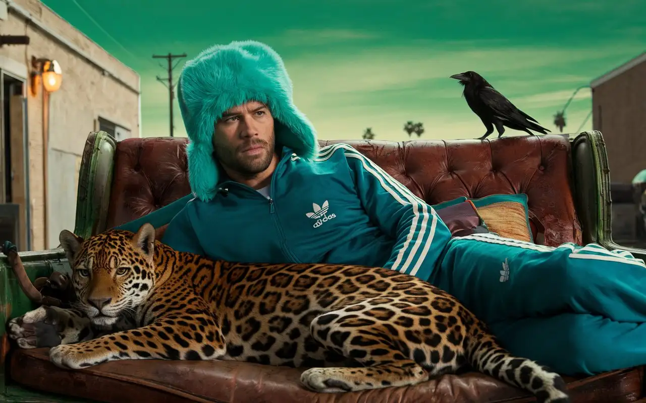 Paul Walker in Turquoise Furry Hat and Adidas Tracksuit with Pet Jaguar and Raven at Dawn in Los Angeles Backstreets