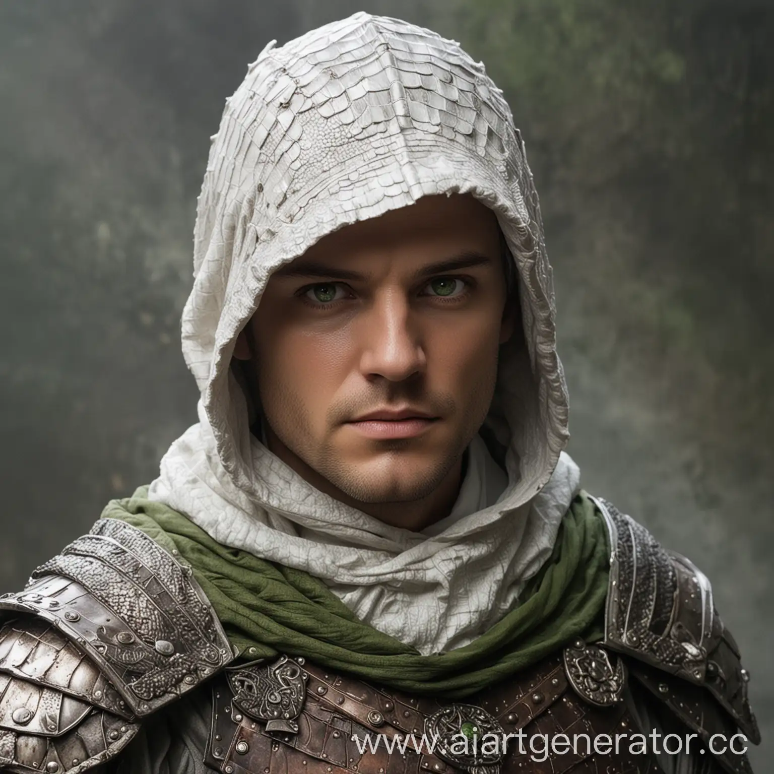 Man-in-Scaly-Armor-with-Gray-Hair-and-Green-Eyes-White-Hood