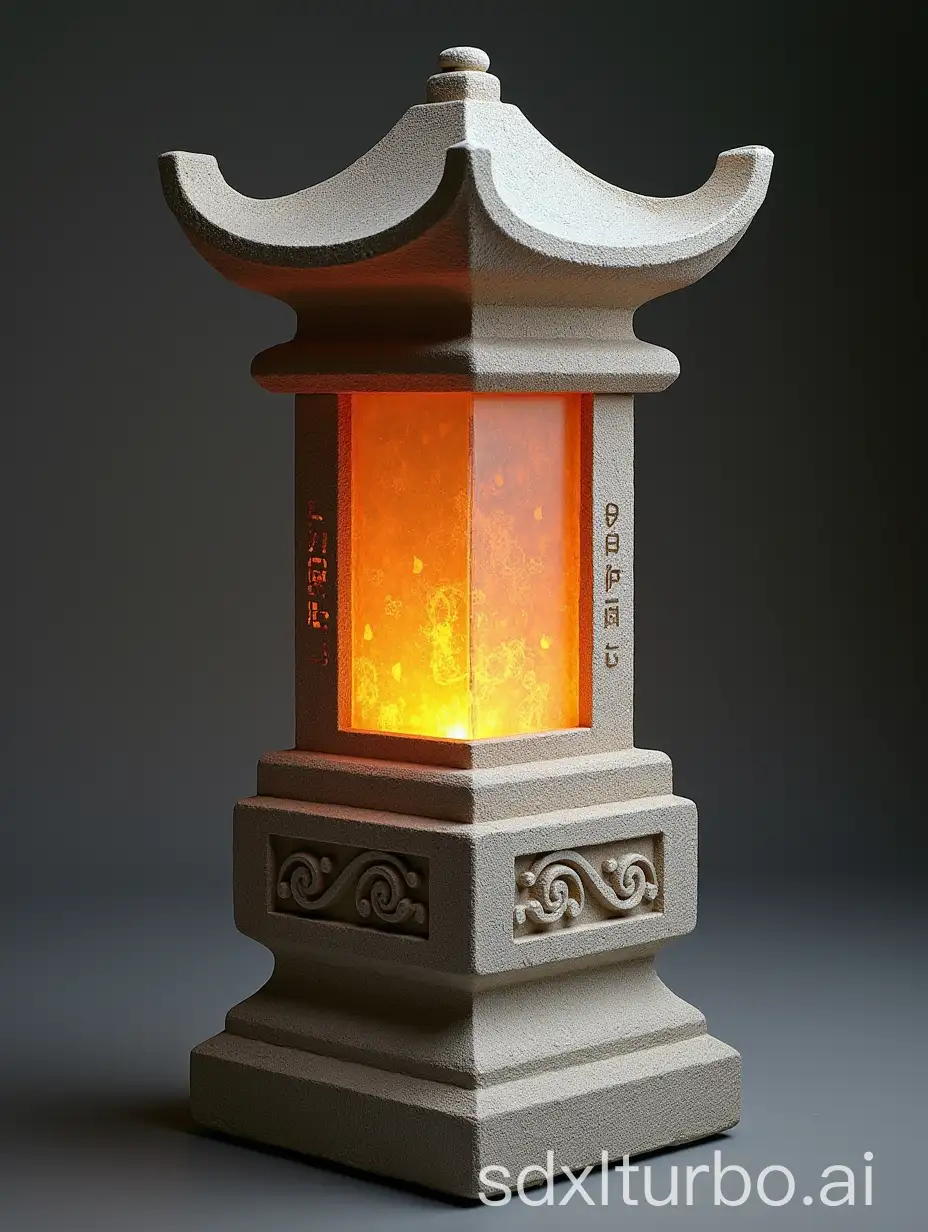 A lantern modeled after a Chinese Han Dynasty portrait stone. Frontage, lanterns, street lights