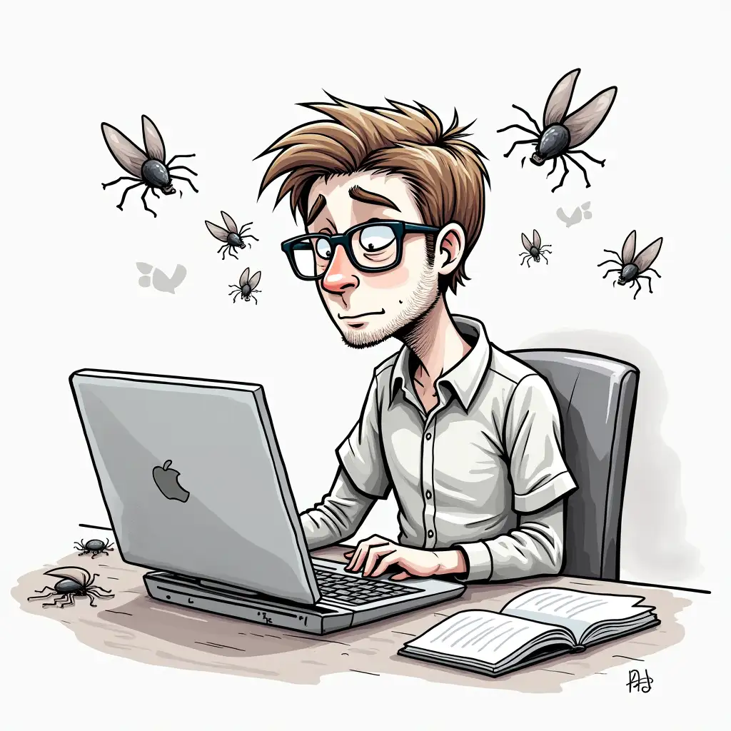 Draw a programmer who is tired of fixing a bug