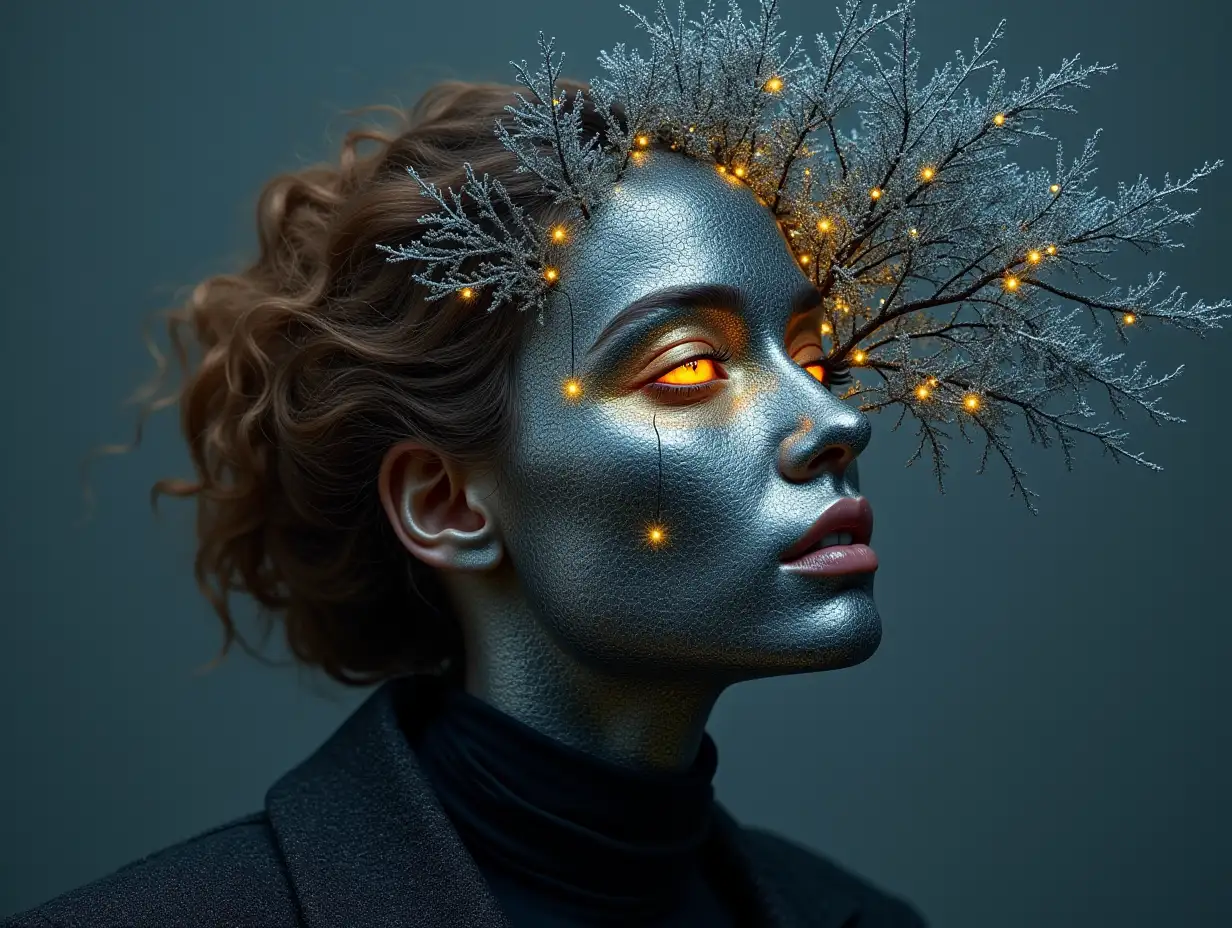 Face with hair transformed into a building with silver stone and illuminated trees