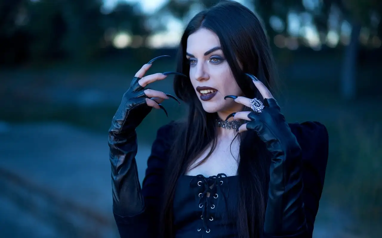 Create a visual description of a vampire woman. She is dressed in all black attire and has long, sharp black nails. She wears an ornate ring on one of her fingers. Her fangs are visible, enhancing her menacing yet alluring appearance. The setting is outdoors at night, and the image should have a slightly blurry effect to give it a dreamlike quality.