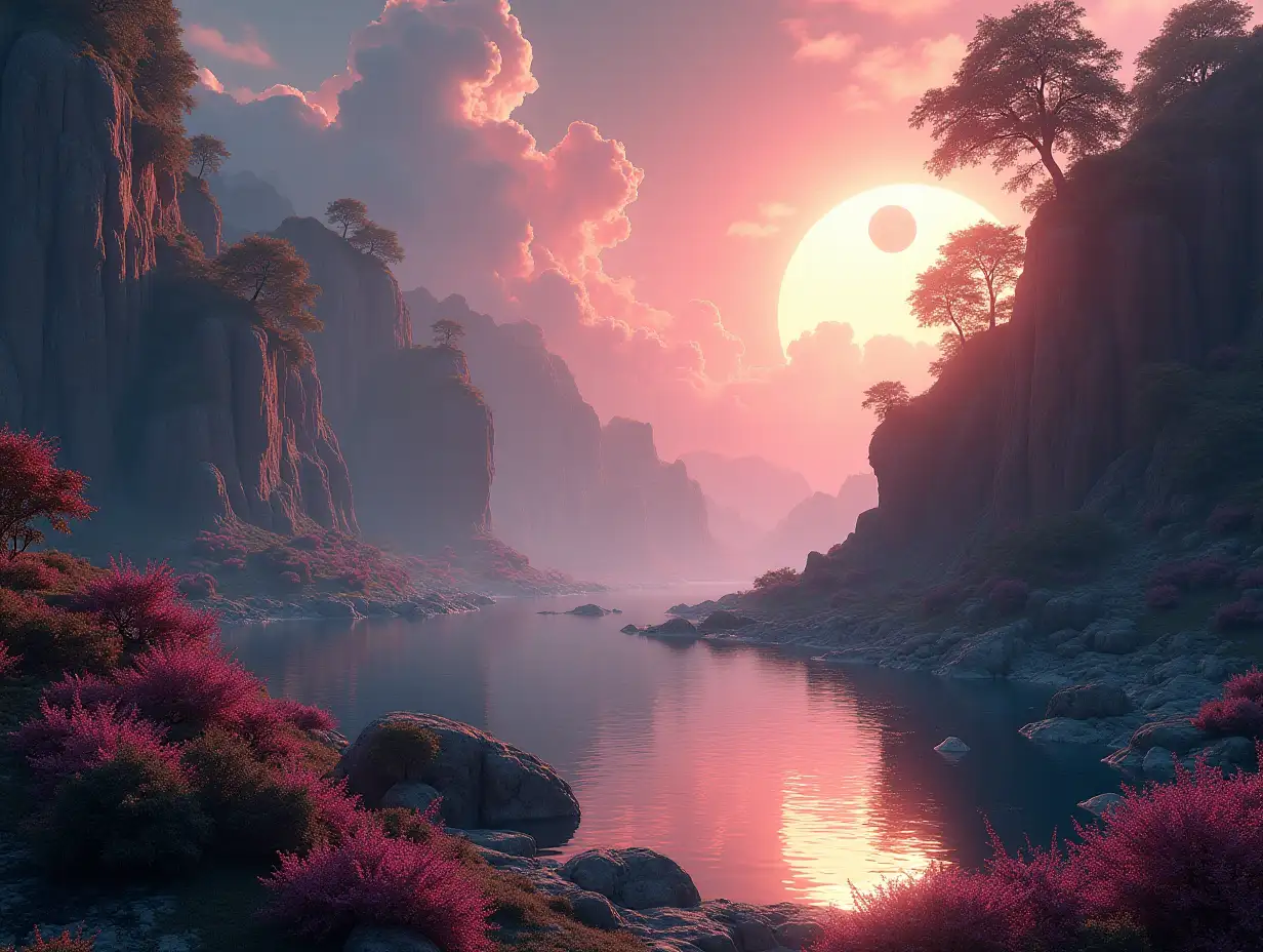 Create for me a photorealistic image of Paradise on another planet