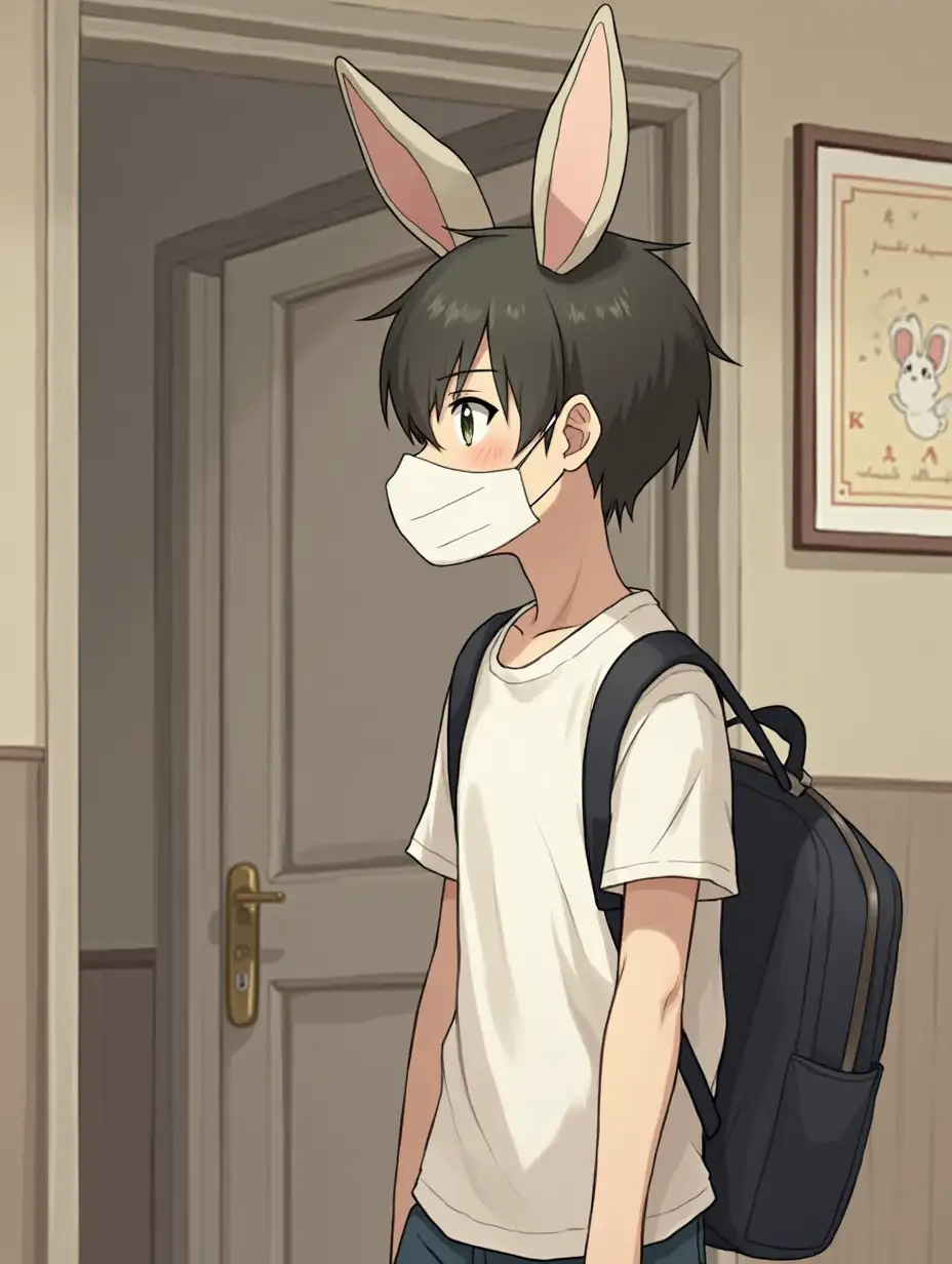 A boy in a white t-shirt is coming back home from school. He has a mask of a rabbit on his face. He is standing in the apartment, closing the door behind him. He has a backpack on him. Anime style.