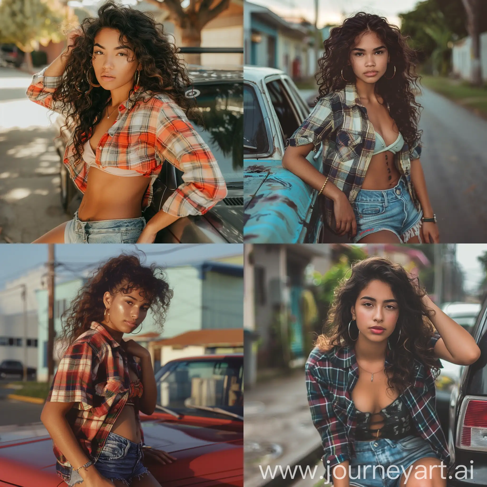 Young-Latina-Woman-Leaning-on-Car-in-Urban-Street