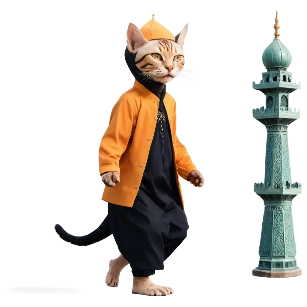 Bald-Cat-in-Monkey-Outfit-or-Muslim-Clothes-with-Black-IndonesianStyle-Peci-PNG-Image-for-Creative-Projects