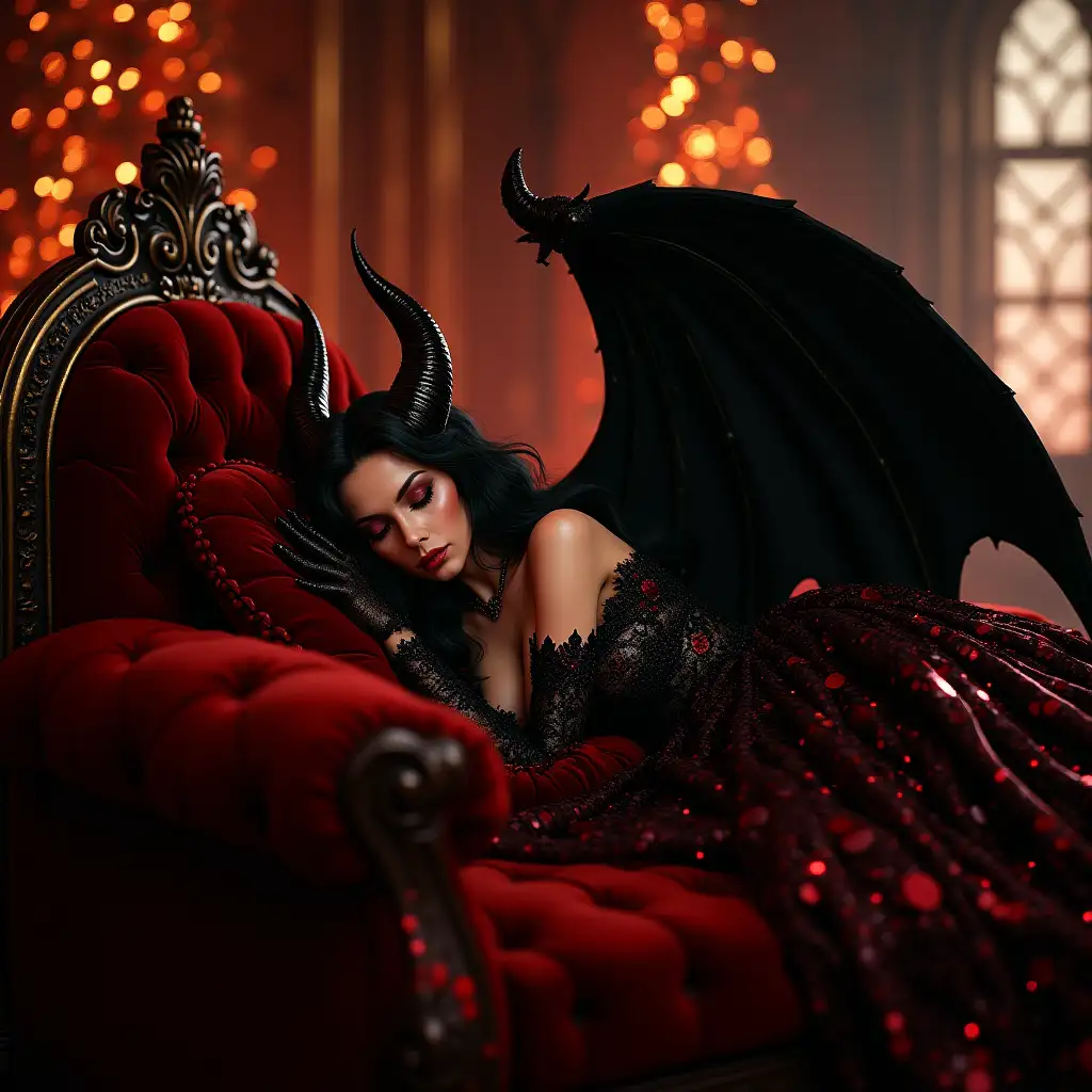 a masterpiece of the highest quality, a seductive demon queen with black wings sleeping on a luxurious dark throne, Gothic architecture with Christmas lights, red and gold color scheme, soft fur textures, magical sequins, contrast between dark and sweet, unearthly lighting<lora:Christmas_Dreams:1> bo-christmas