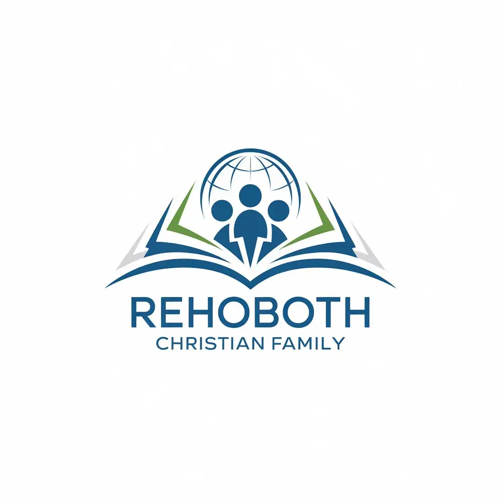 LOGO Design for Rehoboth Christian Family Open Book Globe and Family Symbol with Blue and Green Colors