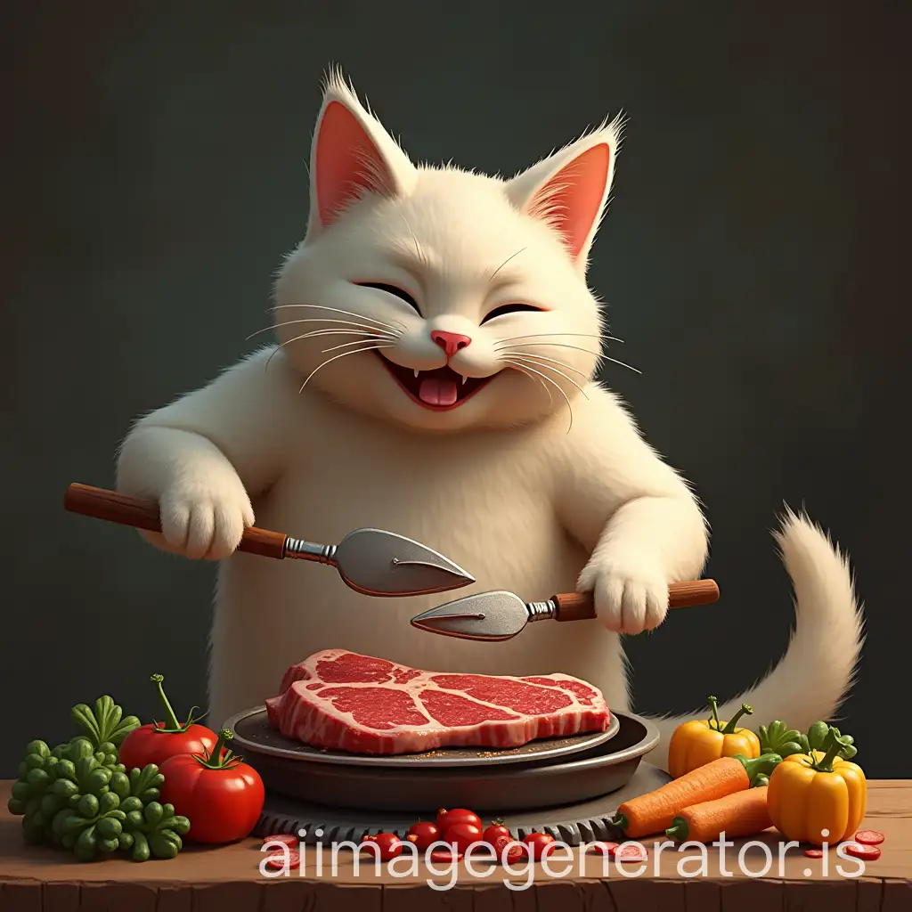 Chubby-Cat-Enjoying-a-Feast-with-Cooking-Gear-Meat-and-Vegetables