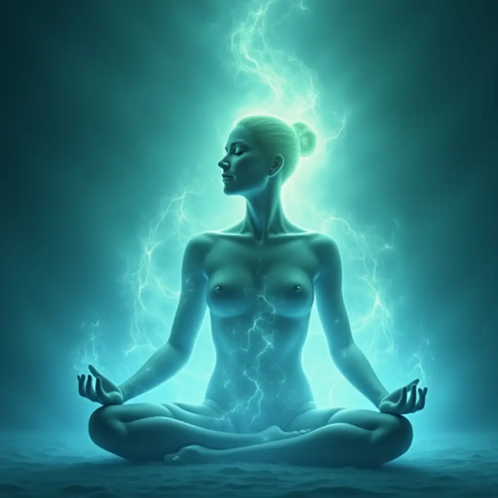 Create an image that visually represents the holistic benefits of healing energy, incorporating the following key elements:
	1.	Stress Relief and Deep Relaxation: Depict a tranquil scene where energy flows gently around the figure, represented as soft, glowing waves of light in calming hues of blue and green. The figure’s posture should exude serenity, with closed eyes and an aura of calmness, symbolizing relief from stress and the embrace of deep relaxation.

The overall composition should harmoniously blend these elements, creating an inspiring visual that embodies the transformative power of healing energy for body, mind, and spirit.
