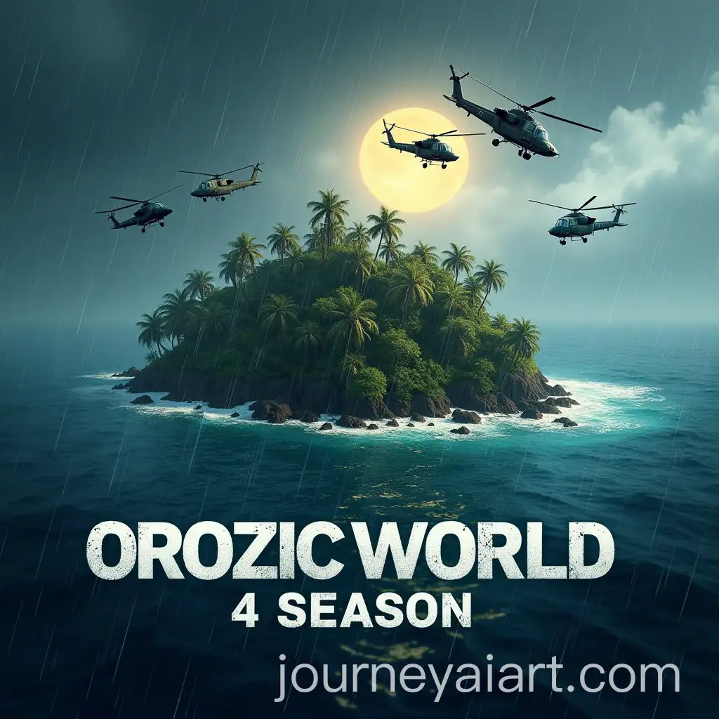 OrozicWorld-Logo-Featuring-WarThemed-Helicopters-and-Tropical-Island-in-Rainy-Weather