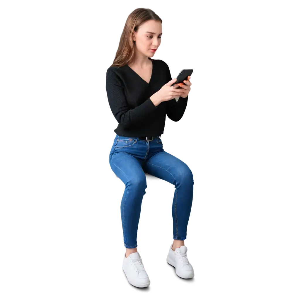 Young-Woman-in-Blue-Jeans-Looking-at-Mobile-Phone-Full-Front-Pose-PNG-Image