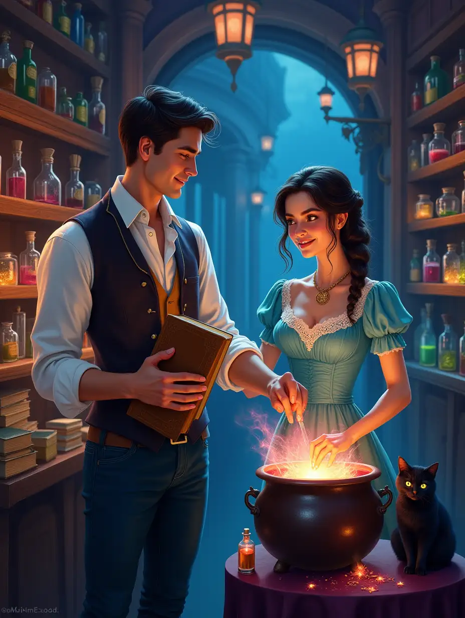 Magical-Shop-Interior-with-Victorian-Man-and-Woman-Brewing-Potions