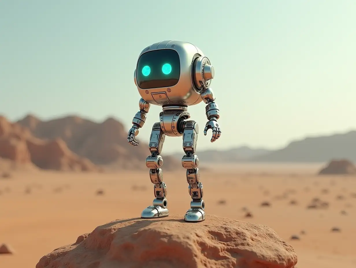 Create a high-resolution, realistic image of the artificial intelligence Robert with robot legs and feet made of metal and a glass head with gears, light waveguides, LED in a desert on a rock at a 4k resolution with