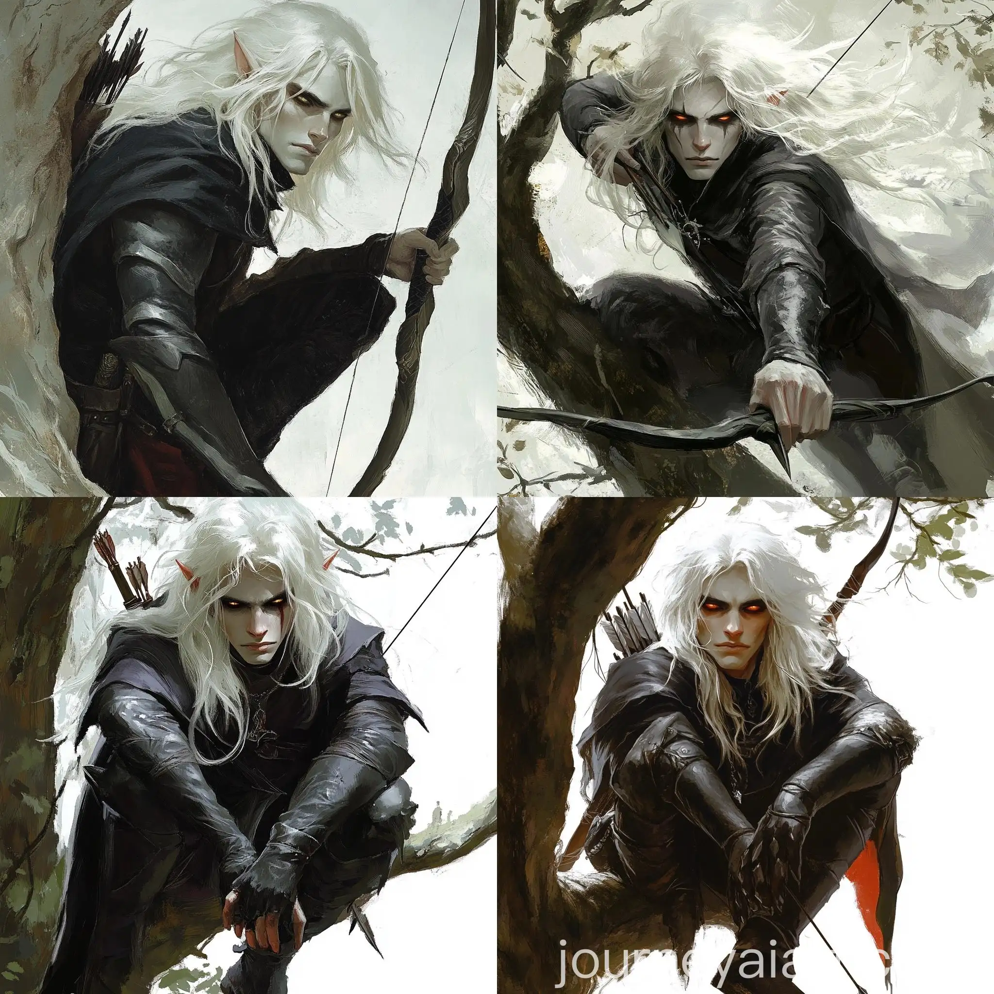 Dhampir-Ranger-on-Tree-Branch-with-Magic-Bow-Fantasy-Character-Art