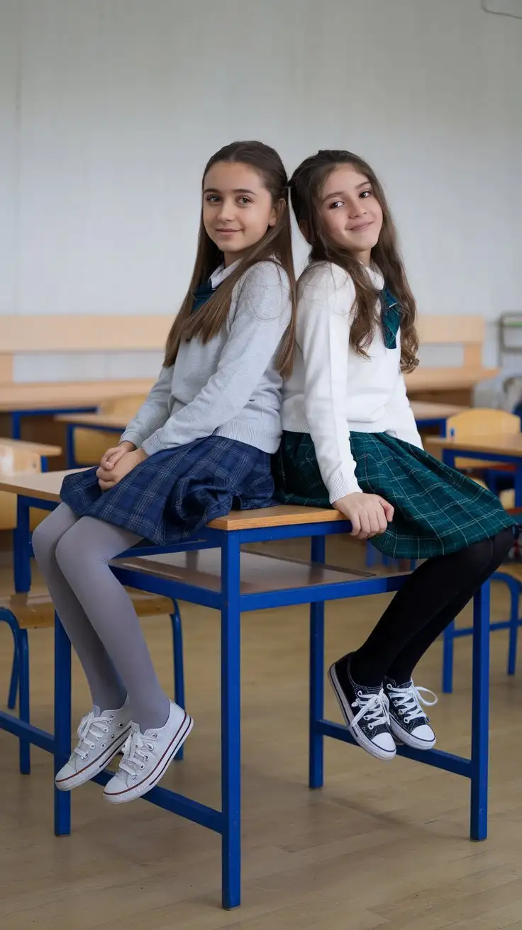 The image shows a 14 years old  2 turkish girls sitting on the wooden table with her crossed legs. She is wearing a grey sweater, a blue plaid skirt, grey tights, and small white converse shoes. Her hair is long straight. The desk is blue and there are other desks and chairs in the background. The floor is made of light-colored wood and the walls are painted white. Elegant, pink lips