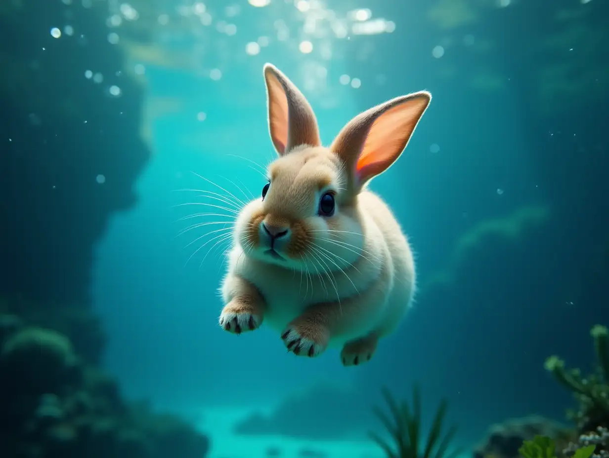 A little rabbit that is diving in the deep ocean water. Its ears are slightly moving with the gentle wind, and there is shimmering clear and transparent water around it. Its coat is fluffy and soft, with a soft light illuminating its body underwater. There is curiosity in its eyes. The ocean water is a bit blue and turquoise colored, and small bubbles are visible in the water as well. The light is quite soft, making the rabbit's image dreamy and magical. In the background, there are deep blue oceans and some underwater plants that make this scene more vibrant and lively.