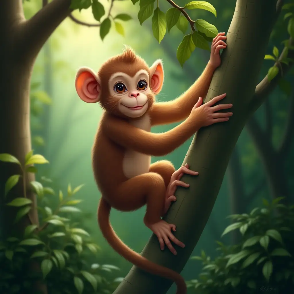 Create a beautiful digital painting of a baby monkey hanging from a tree with a lush green rainforest background in a photorealistic style