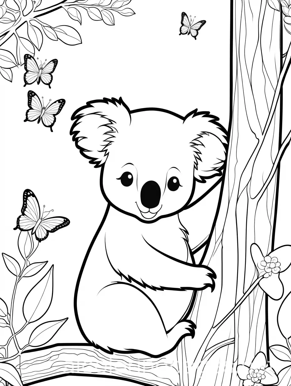 Playful-Koala-and-Butterflies-Coloring-Page