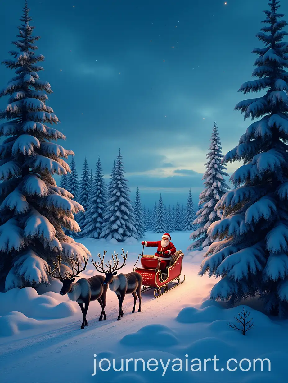 Christmas-Panorama-in-Lapland-with-Trees-Lights-Reindeer-and-Santa-Claus