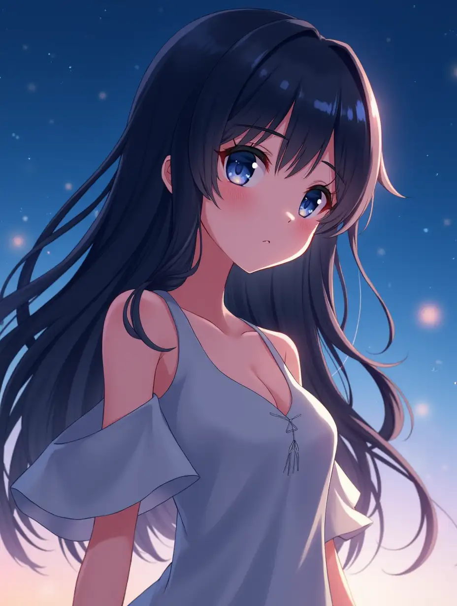 A beautiful female anime character with long, flowing black hair and deep blue eyes. She has a soft and charming expression, with smooth, glowing skin. She wears a stylish yet simple dress with gentle folds, giving a graceful appearance. A light breeze moves her hair slightly as she stands under a clear night sky. The lighting is soft and warm, highlighting her features. High-quality anime-style with clean lines, vibrant colors, and subtle shading