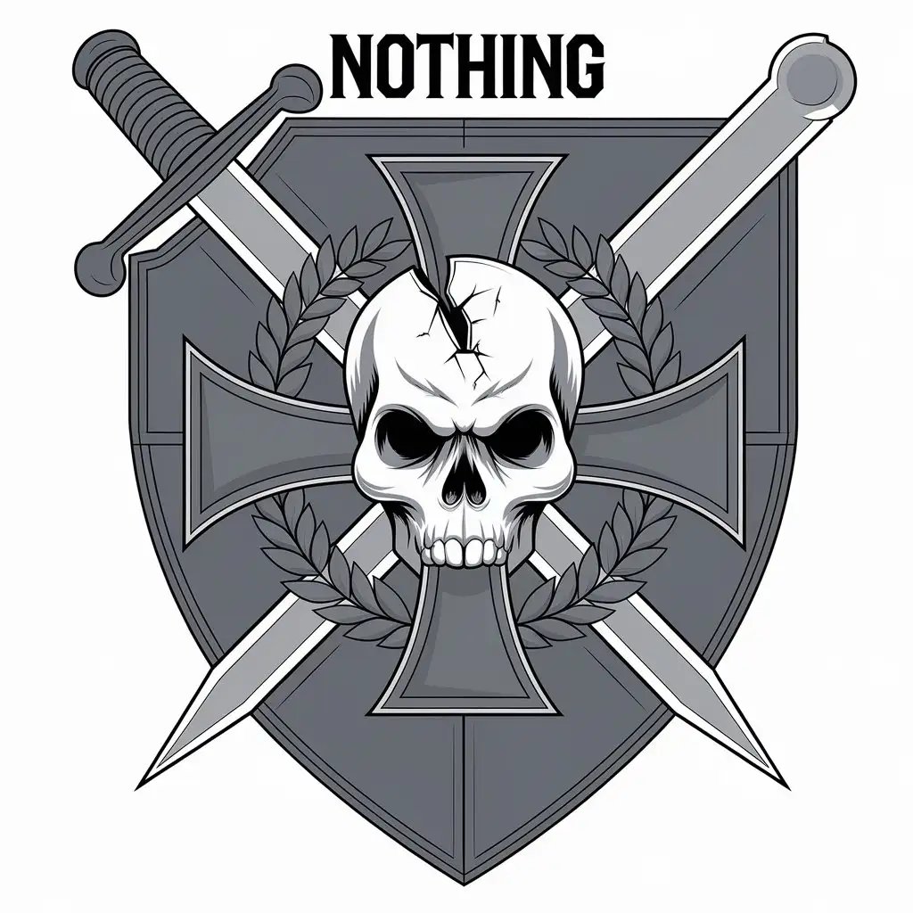 LOGO Design for Nothing Shield with Sword Iron Cross White Skull and Wreaths in Geometric Minimalist Style