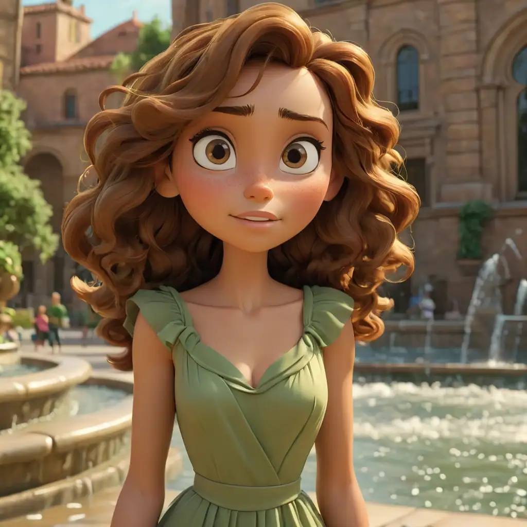 Pixar 3D  olive skinned woman,beautifful model, brown wavy haired, brown eyes, green dress by fountain in parish, sweet, head and shoulders portrait, 3d, close up





